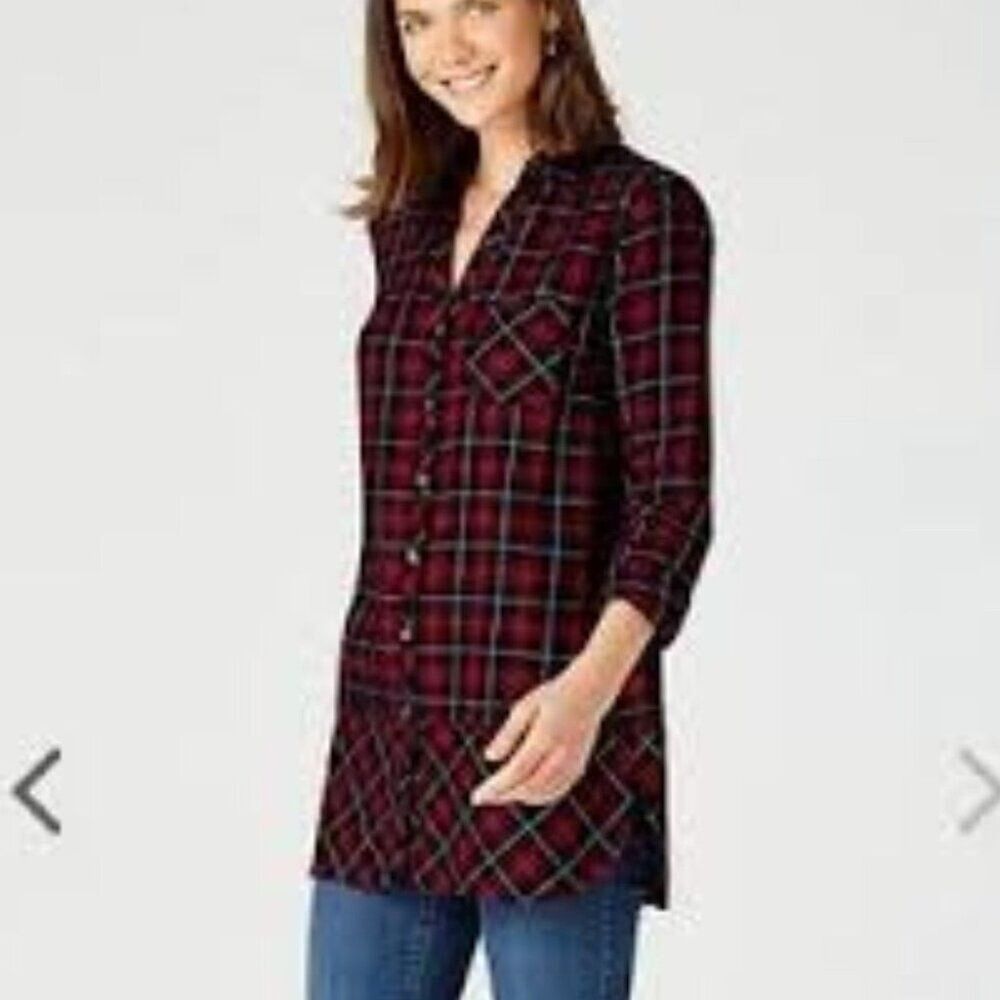 J. Jill Cotton Red, Black, White Plaid Long Sleeve Button Front Shirt Top Size M